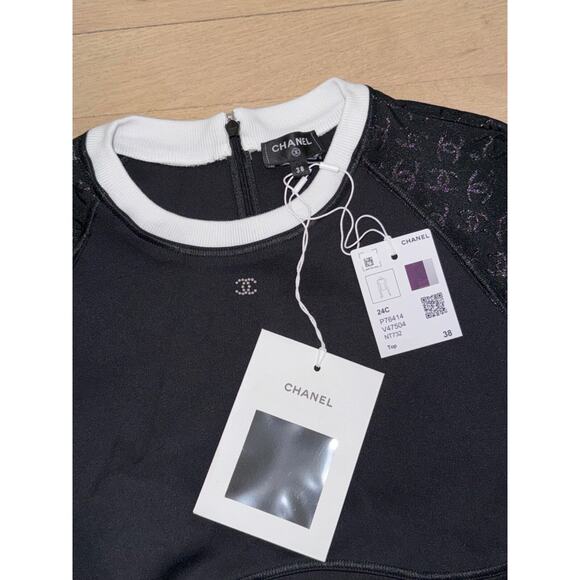 Chanel 24C Black White Crystal CC Logo Neoprene Stretch Jersey Top T Shirt 38 - Picture 10 of 16
